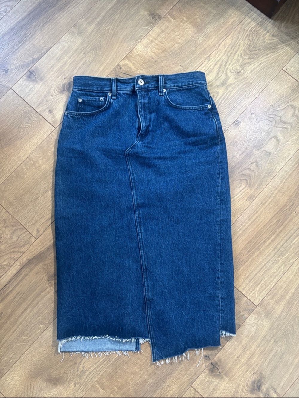 rag & bone Indigo Raw-Hem Denim Midi Skirt